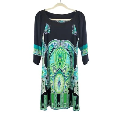 Tiana B. Paisley 3/4 Sleeve Relaxed Fit Shift Dress Women's Size M Black Green - Image 1 of 4