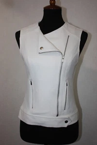 Express Sz S White Sleveless Moto Jacket Vest Asymmetrical Zip Birdseye Knit - Picture 1 of 7