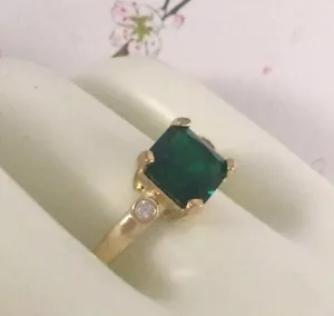 Vintage Jewellery Gold Ring with Emerald White Sapphires Antique Deco Jewelry  - Picture 1 of 8