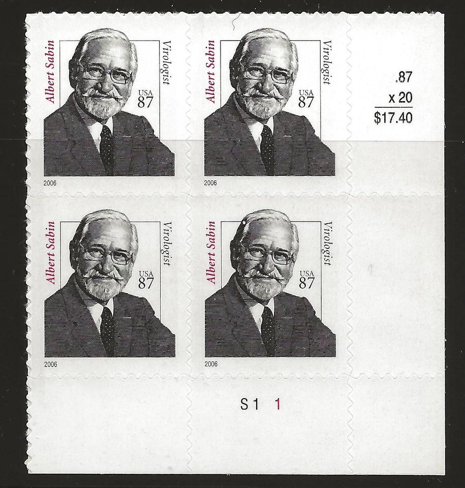 US Scott #3435, Plate Block #S111 2006 Sabin 87c VF MNH Lower Right - Image 1 of 1