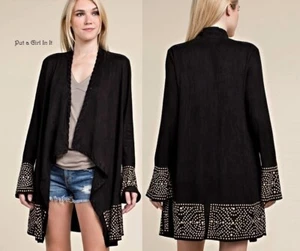 New VOCAL Womens STUNNING BLACK BRONZE STUDDED FAUX SUEDE CARDIGAN JACKET S M - Picture 1 of 10