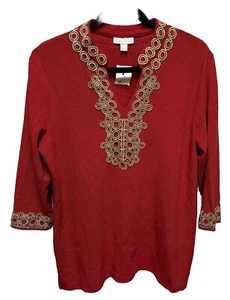 Women's Charter Club Embellished V-Neck Ribbed Tunic in Red/Gold $79 Size PXL - Picture 1 of 5
