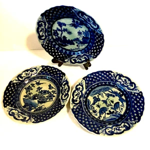 Vintage Chinese Porcelain Plates With Markings - Group Of 3 - Blue on Celadon - Picture 1 of 11