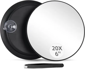 20X Magnifying Mirror 6" Round with Tweezers & Suction Cups - Travel Makeup Set - Picture 1 of 8