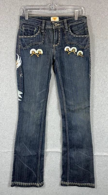 Pantalones de mezclilla antiguos para mujer 27 azul bordado águila corte bota desgastado estilo Y2K Foto 1 de 4