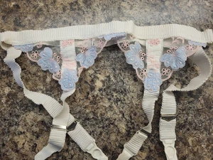 Irma La Douce Garter Belt White W/Blue Floral & Lace Sz Small Vintage 1960s - Picture 1 of 8