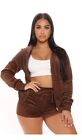 Two Piece Short & Zip Up Jacket Set Suede Women’s Brown Size Medium
