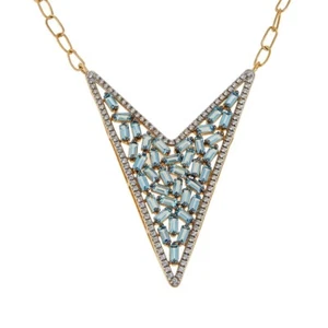 Womens Blue Topaz White Zircon Chevron V Goldtone Sterling Silver Necklace - Picture 1 of 3