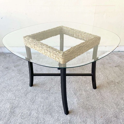 Boho Chic Sea Grass Beveled Glass Top Dining Table Cover