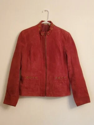 Chaqueta de gamuza tallada con volantes roja con ojales de latón traje de oficina primavera otoño peso Foto 1 de 4
