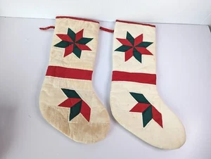 Rare Vintage Quilted Christmas Stockings Poinsettia  Star Flower Holiday Stained - Picture 1 of 11