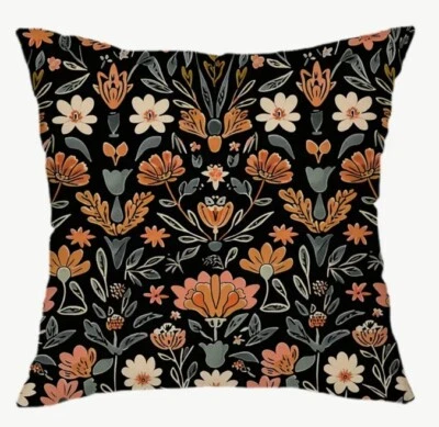 Black Orange Abstract Floral Design Throw Pillow Cover Home Decor  18x18” - Image 1 of 4