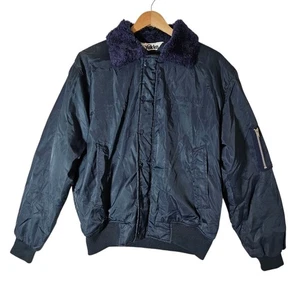 Vtg Yakka Bomber Aviatior Military Style Jacket Sz L Faux Fur Collar Navy Blue - Picture 1 of 19