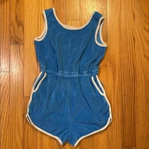 Hanna Andersson Girls Blue/White Terry Romper Pockets Size 6-7 Poolside Comfy - Picture 1 of 4