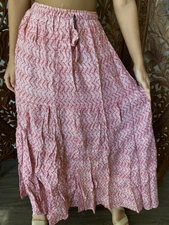 Boho Chic Hippy Gypsy Pink White Printed A-Line Cotton Long Ethnic Skirts M