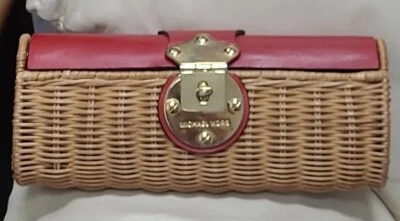MICHAEL KORS Santorini Tan Wicker Rattan Red Leather Gold Turn Lock Clutch Bag - Image 1 of 4