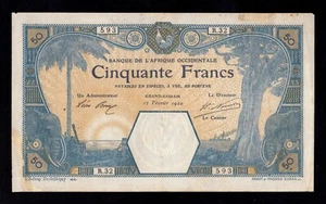 F.C. FRENCH WEST AFRICA , GRAND-BASSAM , 50 FRANCOS 1920 , MBC- ( VF- ) ,  P.9Da - Picture 1 of 2