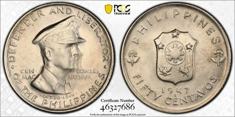 1947-S Philippines 50 Centavos PCGS MS63 Lot#G4625 Silver! Choice UNC! MacArthur Cover
