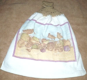 1 Crochet Top Hanging Kitchen Towel Birds Sandpipers Seashells Beach, Full buff - Picture 1 of 1