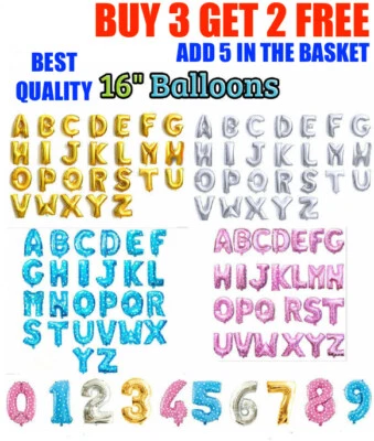 16" Alphabet Letter Number Foil Balloons PARTY, BALOONS Gold, Silver, Blue, Pink