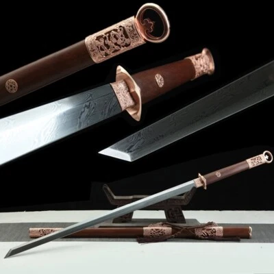 Espada lista para la batalla Tang Dao Katana afilada hoja de acero Damasco rojo cobre montaje Foto 1 de 4