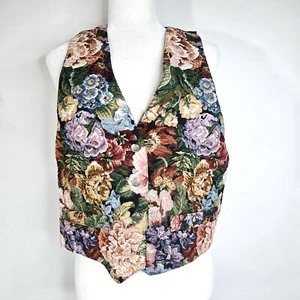 Vtg Women’s Sz M Tapestry Vest Black Floral Woven Cottagecore 80s Carpet *Flaw - Picture 1 of 9