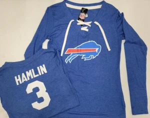 30207 MUJER Buffalo Bills DAMAR HAMLIN Mangas Largas CORDONES Camisa REAL Nueva - Imagen 1 de 1