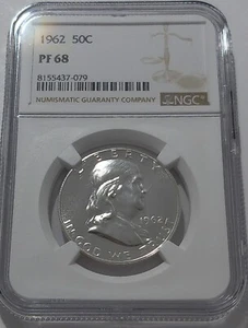 Medio dólar Franklin 1962 NGC PF68 PROOF 50c 90 % plata etiqueta blanca - Imagen 1 de 3