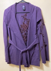 Cardigan aperto vintage marchio fortunato donna viola floreale ricamato taglia small - Foto 1 di 6