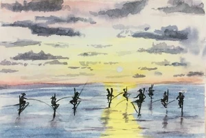 ACEO Original Painting Signed Seascape Landscape Art Card Fishing Mini Fine Art - Picture 1 of 5