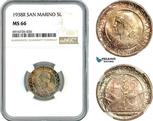 AK725, San Marino, 5 Lire 1938 R, Rome Mint, Silver, NGC MS66 - Picture 1 of 1