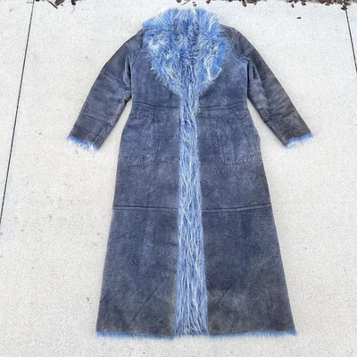Vintage Y2K Penny Lane Style Shaggy Maxi Coat Boho Blue Fur Trim Small 20x50 - Image 1 of 4