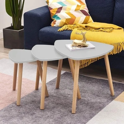 Nest of 3 Modern Coffee End Tables Gray Triangular Wood Space Saving Set - Image 1 of 4