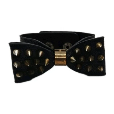 Black Leather Bow Bracelet Stud WIDE Biker Punk Gothic Snap Closure Womens 8 in - Image 1 of 4