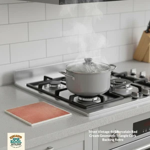 Untersetzer Vintage 4x4 Porzellan Rot Creme Geometrisch Dreieck Kork Unterlage Retro - Bild 1 von 5