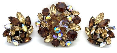 Regency Sparkle Dark & Light Brown Topaz Large Brooch Clip Earrings Set - Image 1 of 4