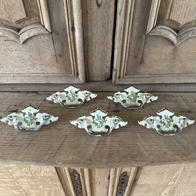 Vintage Drawer Pulls Painted French Floral Shabby Chic Rustic White Lot of 5 - Image 1 of 4