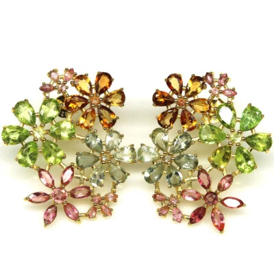 925 Sterling Silver Green Peridot, Citrine, Tourmaline & Sapphire Earrings - Image 1 of 4