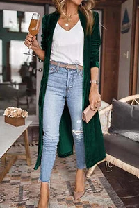 Green Velvet Open Front Pocketed Long Duster - Picture 1 of 8
