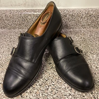 Santoni 15617 Black Pebbled Leather Plain Toe Double Monk Strap Size 10.5D GUC - Image 1 of 4