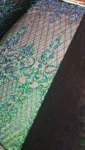 Green Iridescent Sequin Lace Scarab Sequin Hologram Fabric By The Yard Geometric - Picture 1 of 12