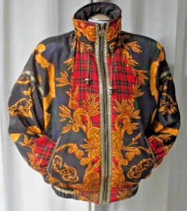 90's Vtg Gallery Down Gaudy Oversized Bomber Jacket Baroque Plaid Puffer Small - Picture 1 of 11