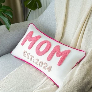 Custom Mom Punch Needle Pillow with Date,  Colorful Border, Personalized Cushion - Picture 1 of 11