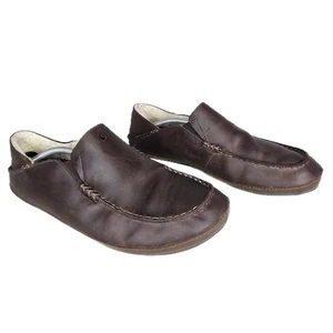 OluKai Moloa Slipper Herren 13 dunkelbraun Leder mit echtem Lammfell Felllinie EUC - Bild 1 von 12