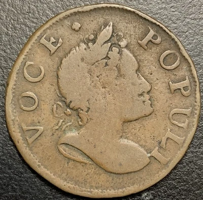 Medio centavo de cobre colonial Voce Populi 1760/00 1/2p Nelson-2 Crosslet después de voz Foto 1 de 2