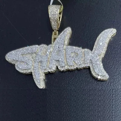 3.10 克拉圆形切割真莫桑石定制鲨鱼吊坠 14K 镀黄金 — 第 1/4 张图片