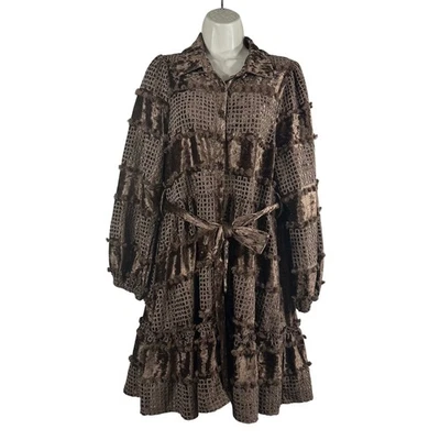 Vestido para mujer Impressions marrón terciopelo rejilla pompón cinturón mangas largas talla S Foto 1 de 4