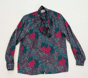 Alfred Dunner Vintage Women's Blouse Size 10 Purple Green Floral Bow Long Sleeve - Picture 1 of 13