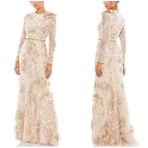 Mac Duggal NWT Pink Beige Embroidered Lace Trumpet Evening Dress Size 8 Beaded - Picture 1 of 10