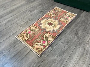 Red Doormat, Small Turkish Bathroom Vintage Runner Oriental Antique Rug, 1.5x3.2 - Picture 1 of 10